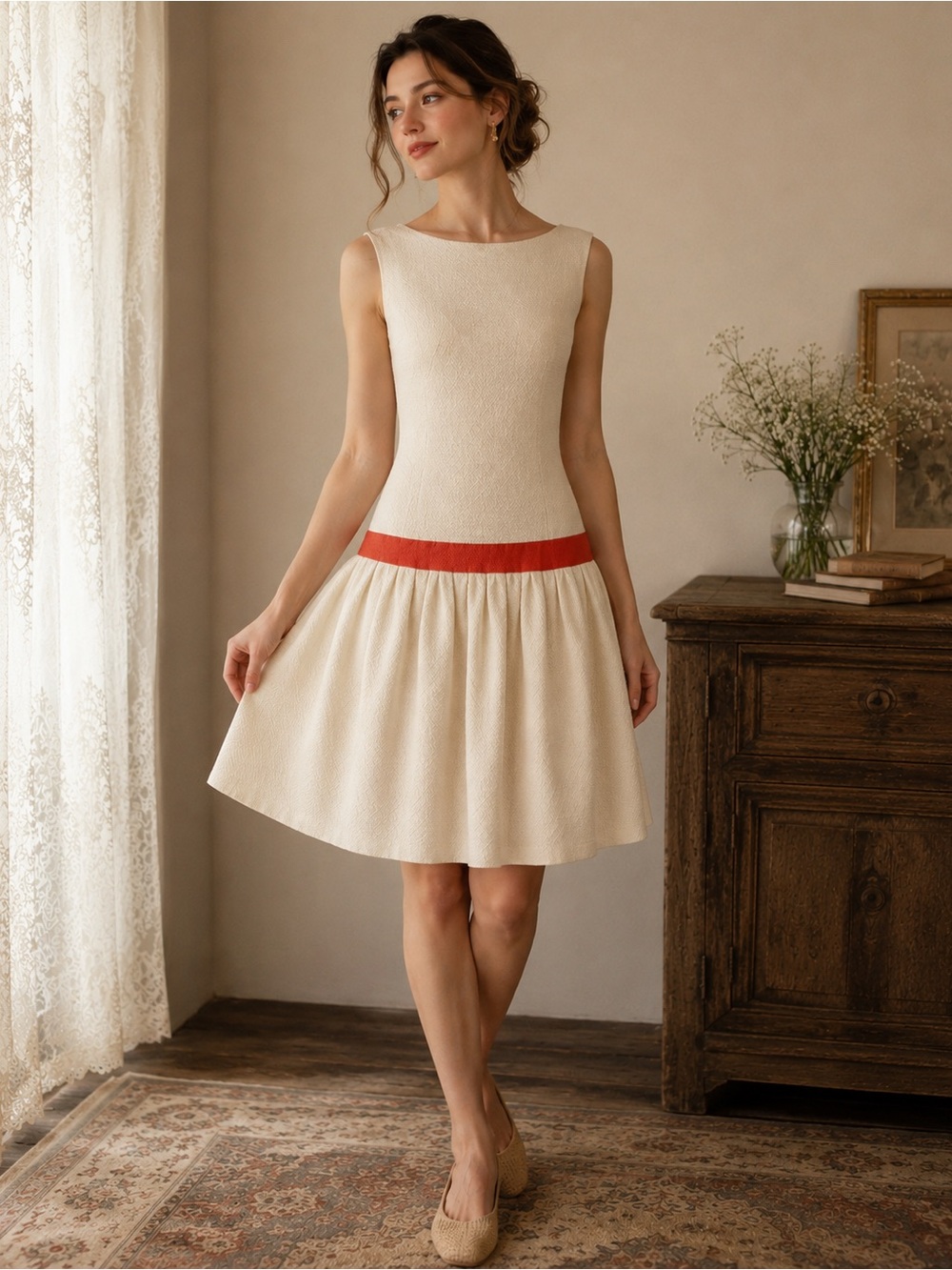 Vintage 1960s Cream Textured Drop Waist Mod Dress Orange Accent Union Made S